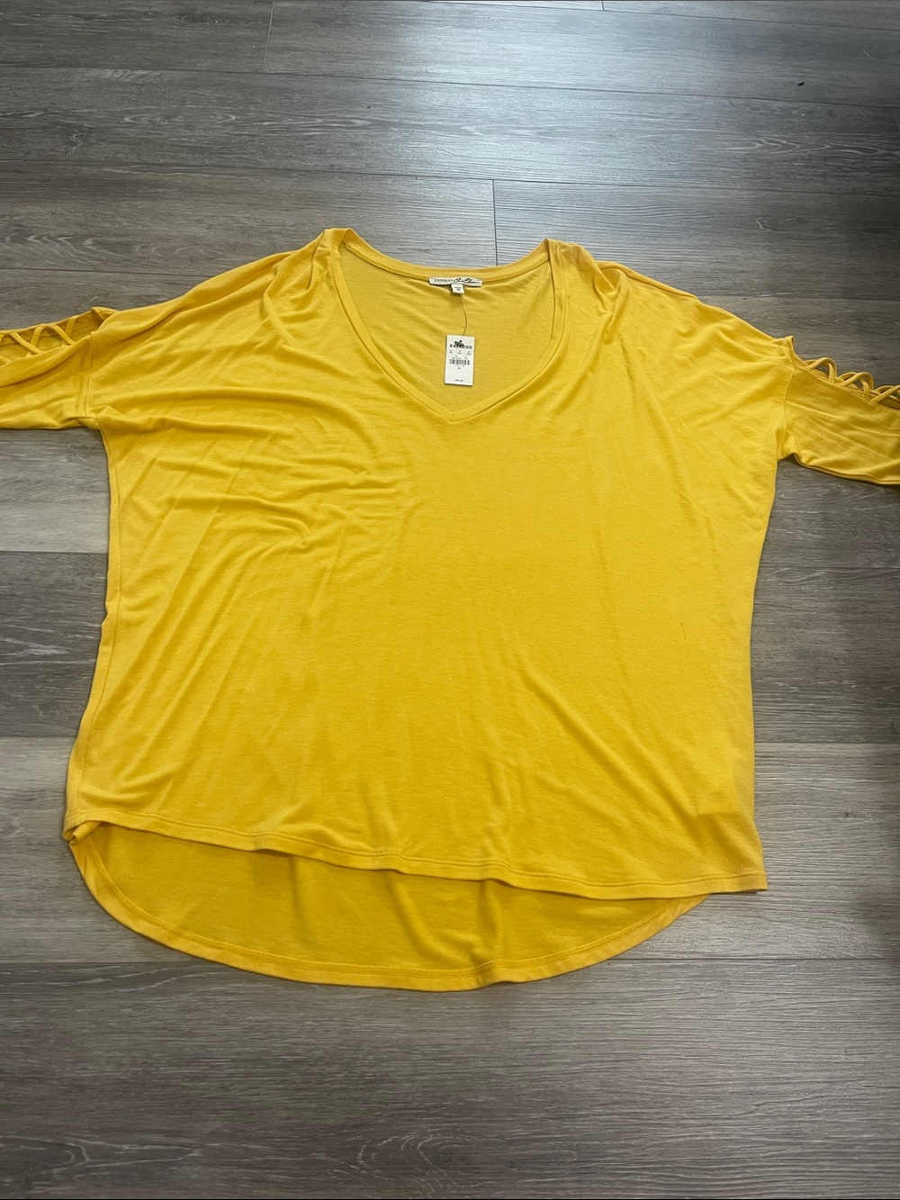 Express Mustard Yellow V-Neck Short Sleeve Top with Ladder-Sleeve Detail